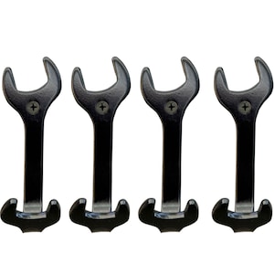 May include: Four black wrenches with a curved head and a straight handle. Each wrench has a small screw in the center of the head. The wrenches are evenly spaced against a white background.
