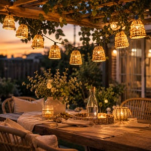 Solar Rattan String Lights, Waterproof Boho Patio Lights, Warm White Garden Balcony Decor, 10 LED Outdoor Lanterns