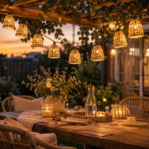 Batteriebetriebene Lichterkette aus Rattan, wasserdichte Boho-Terrassenbeleuchtung, warmweiße Garten- und Balkonbeleuchtung, 10 LED-Außenlaternen