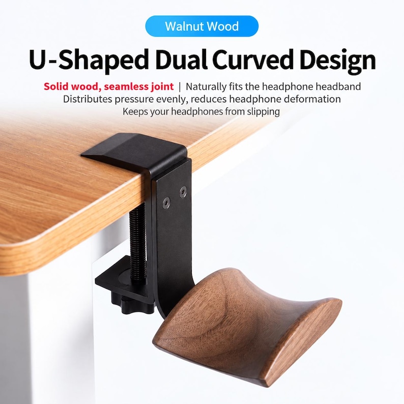 May include: A walnut wood headphone stand with a U-shaped dual curved design, featuring a black metal clamp mechanism for desk mounting. The text in the image reads: Walnut Wood, U-Shaped Dual Curved Design, Solid wood, seamless joint.