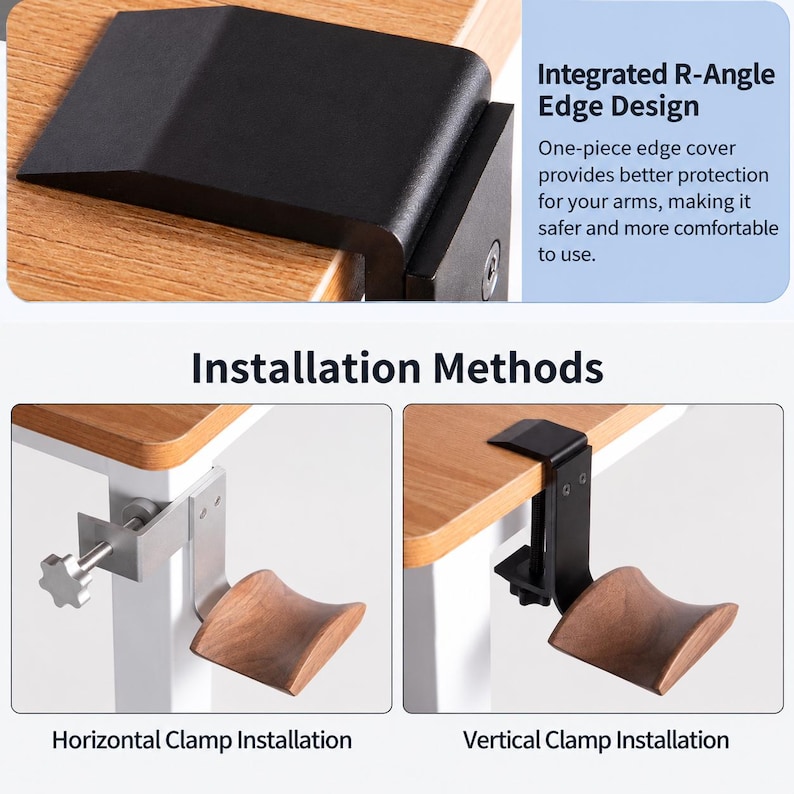 May include: A black metal desk clamp with an integrated R-Angle edge design. The device features a curved wooden armrest support and is shown in two configurations: a horizontal clamp installation and a vertical clamp installation on a desk edge.