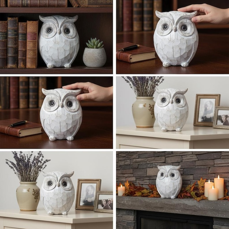 May include: A white owl figurine with a textured, carved design. The owl has large, round eyes and is perched on a shelf or table. The figurine is a decorative item, suitable for home decor.
