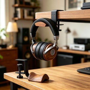 May include: Over-ear headphones with black leather ear cushions and wood-grain ear cups, suspended from a black metal C-clamp desk mount. A matching curved wooden headphone rest sits on the desk surface below the mounted headphones.