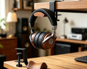 Walnut Wood Clamp On Headphone Hanger, Under Desk No Drill Headset Hook.