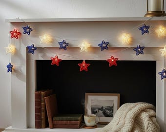 4th of July Decorations Rattan Star String Lights - 10LEDs with Red White Blue Rattan Wicker Stars String Lights