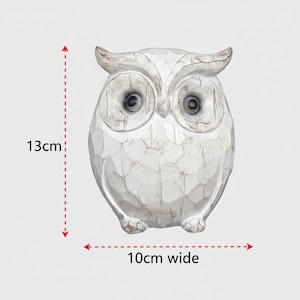 May include: A white owl figurine, 5 inches tall and 4 inches wide, with a distressed finish. The owl has large, dark eyes and a textured surface, giving it a rustic appearance. The figurine is a decorative item.