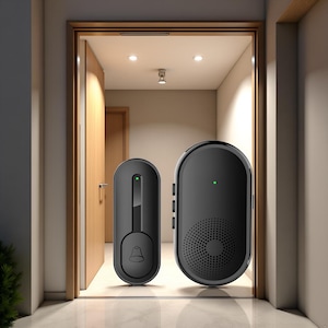 May include: Two black wireless doorbells. The doorbell on the left has a bell icon and a green light. The doorbell on the right has a speaker and a green light. The doorbells are oval-shaped and are placed in a doorway.