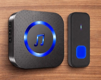 May include: A black wireless doorbell system consisting of a square receiver with a textured surface, a central circular blue light, and a musical note icon, alongside a rectangular transmitter featuring a single blue button and a small indicator light.
