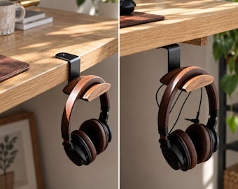 Walnut Headphone Hanger, Under Desk & Tabletop Dual Use Black Metal Hook.