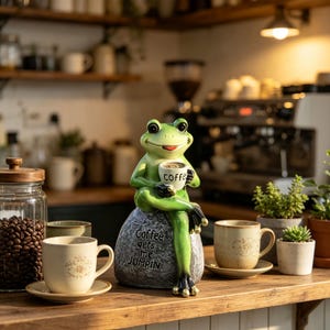 Koffiekikker beeldje, weerbestendig harsbeeldje, decoratie voor terras en koffiebar, cadeau