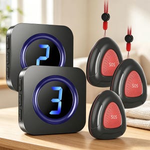 May include: Two square black electronic receiver units with blue digital displays showing the numbers 2 and 3, accompanied by three triangular black and red SOS emergency call buttons with red lanyards and black adjustable cord locks.