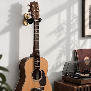 May include: A light-coloured acoustic guitar with a dark wood neck and headstock, suspended on a wall by a brass-toned metal guitar hanger with black padded arms. The guitar features a dark pickguard and six silver-toned tuning pegs on the headstock.