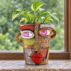 May include: A decorative planter shaped like a human face with a multi-coloured, textured surface. The face features red eyebrows, pink eyes, and red lips, with a central gold-toned nose piece. A green and white variegated plant grows from the top.
