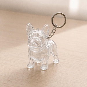 May include: A transparent French Bulldog keyring. The dog-shaped charm is made of clear plastic and has a silver-coloured keyring and chain. A decorative accessory.