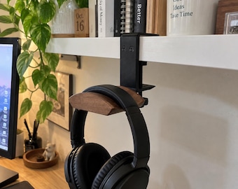 Walnut Wood Clamp On Headphone Hanger, Under Desk No Drill Headset Hook.
