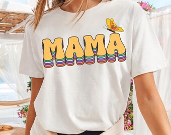 Butterfly Mama T-Shirt, Retro Mama Shirt with Rainbow Text, Cute Gift for Mom, Bold Graphic Tee, Groovy Mom Life Shirt