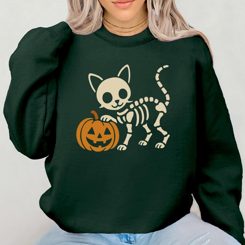 Skeleton Cat Halloween Sweatshirt Cute Spooky Cat With Pumpkin, Funny