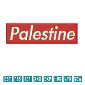 Op de afbeelding: Rood rechthoekig pleister met witte tekst die "Palestina" luidt.