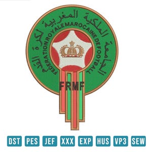 May include: Embroidered emblem of the Royal Moroccan Football Federation. The design features a green circular border with Arabic text, surrounding a central shield with a crown and the letters FRMF. The emblem is in red, green, and white.