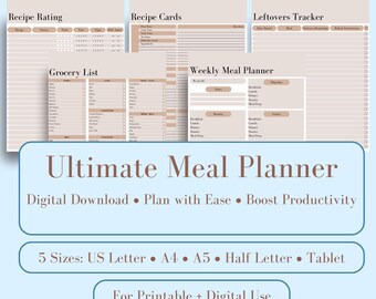 Kit de planificación de comidas definitivo: planificador semanal, lista de compras, registro de recetas, tarjetas de recetas y más