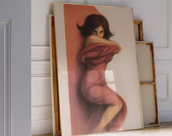 May include: A rectangular framed wall art print featuring a stylised painting of a person with dark hair, wearing a flowing red garment that drapes around their body. The figure is positioned against a vertical coral-coloured panel background.