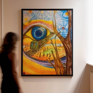Impresión artística de ojo surrealista, ilustración abstracta de tren, decoración de pared de noche estrellada, póster de paisaje psicodélico, obra de arte moderna vintage y colorida.