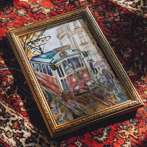 Vintage rote Strassenbahn Kunstdruck - Herbst Zug Poster, handgezeichnete U-Bahn Illustration, Herbst Eisenbahn Wanddekoration, Retro Stadtbild Druck