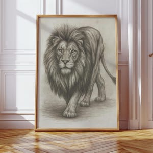 Stampa artistica da parete di leone – Illustrazione di ritratto di fauna selvatica vintage – Arte realistica di animali del safari africano – Arte audace del re della giungla – Download digitale