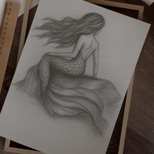 Mermaid Pencil Sketch Print: Vintage Fantasy Ocean Art