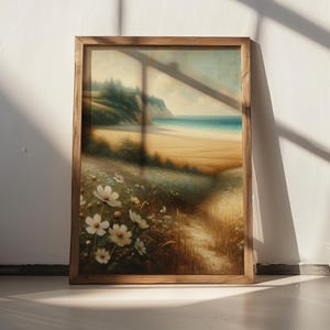 Friedlicher Feldweg Druck – Vintage Küstenlandschaft Wandkunst – Wildblumen Wiese Poster – Gelassene Natur Dekor Digitaler Download DAS ORIGINAL