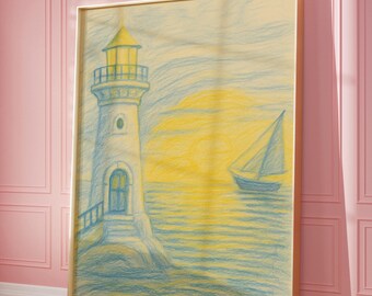 Impresión de faro al atardecer: paisaje marino náutico vintage, arte mural costero