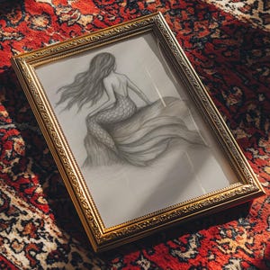 Vintage Mermaid Pencil Sketch Print: Fantasy Ocean Art (Digital Download)