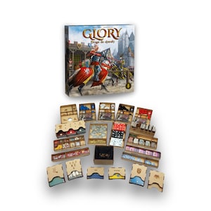 May include: A board game box with the title "Glory" and the text "Droga do chwały" is displayed above various game components. The box art depicts knights jousting. The game components include wooden trays, tokens, and cards.