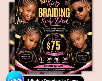 Kids Braids Social Media Flyer | Hair Stylist Promo Template | Canva Beauty Salon Advertising Post