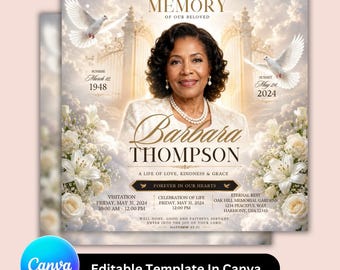 Editable Funeral Flyer Template for Canva | Memorial Service Announcement | Angel Wings Tribute Social Media Post