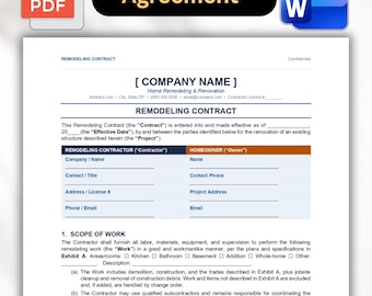 Umbau Vertragsvorlage | Home-Renovierung Zustimmung | Umbau Unternehmervertrag | Bearbeitbares Word & PDF
