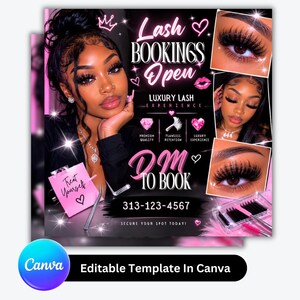 May include: Pink and black promotional graphic for lash bookings. The image features a woman with long eyelashes, the text "Lash Bookings Open," and the phrase "DM to Book." The phone number 313-123-4567 is also displayed.