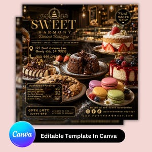 Könnte beinhalten: Werbung für die Sweet Harmony Dessert Boutique, mit verschiedenen Desserts wie Kuchen, Keksen und Macarons. Das Bild zeigt eine Vielzahl von Backwaren, darunter Schokoladenkuchen und Erdbeerkuchen, sowie die Adresse und Kontaktinformationen der Boutique.