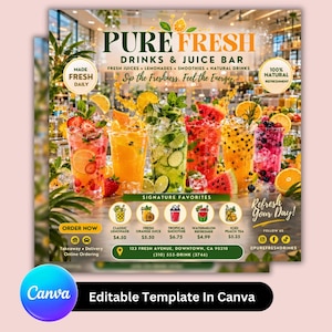 Puede incluir: Un anuncio vibrante de Pure Fresh Drinks & Juice Bar, que muestra coloridos jugos frescos, limonadas y batidos. La imagen presenta varias bebidas de frutas, con el texto "Sip the Freshness. Feel the Energy" y "Refresh Your Day!"