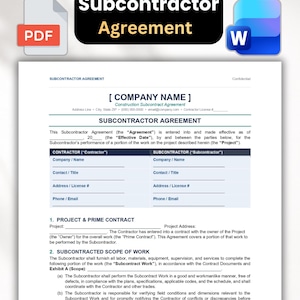 May include: A digital Subcontractor Agreement template document featuring a black header with white and yellow text, accompanied by PDF and Word file icons. The form includes sections for company names, project details, and scope of work definitions.