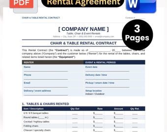 Chair Rental Agreement Template | Event Chair Rental Contract | Party Rental Agreement | Editable Word & PDF