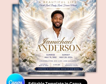 Heavenly Funeral Flyer Template Canva Editable | Celebration of Life Memorial Post | Modern Obituary Social Media Design
