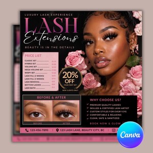 May include: A promotional flyer for lash extensions features a woman with long lashes and pink roses. Text includes "Lash Extensions," a price list, a before-and-after eye comparison, and a 20% off promotion for new clients.