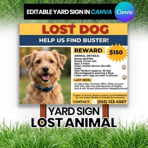 Lost Animal Yard Sign Template, Missing Pet Sign, Printable Pet Alert Sign, Editable Canva Template, Dog & Cat Lost Sign