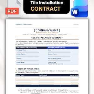 May include: A white document titled Tile Installation Contract with blue header sections for contractor and client information, a scope of work table, and checkboxes for tile types and application areas, accompanied by PDF and Word file icons.