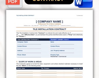 Tile Installation Contract Template | Tile Contractor Agreement | Tile Installation Service Contract | Editable Word & PDF
