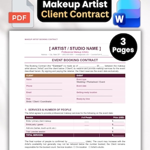 Peut inclure: Un modèle de contrat client pour maquilleur de trois pages aux formats PDF et Word. Le document comprend des sections pour les informations sur l'artiste et le client, les détails de l'événement, les services, les prix en USD et un essai.