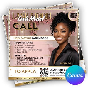 May include: A promotional flyer for a lash model call. The flyer features a smiling woman with dark hair and makeup. Text includes "Lash Model Call," requirements, and benefits, such as a complimentary lash set. The flyer also includes a QR code and contact information.