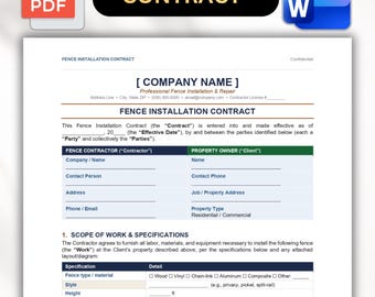 Fence Installation Contract Template | Fence Contractor Agreement | Fence Service Contract | Editable Word & PDF