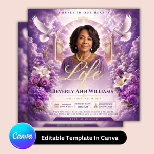 May include: A purple memorial card featuring a portrait of a woman, surrounded by floral arrangements and doves. The card includes the text "Forever in Our Hearts," "Life," and the name "Beverly Ann Williams." Additional text includes dates and service details.